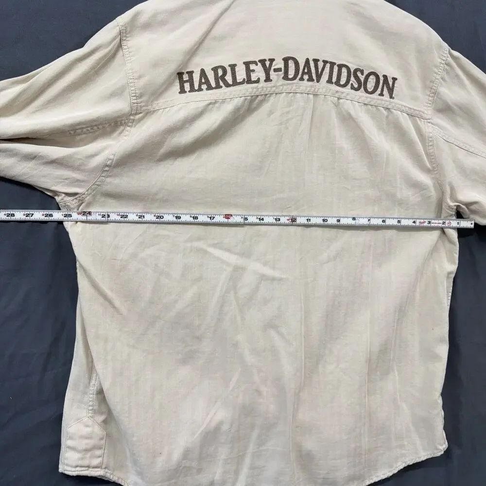 Harley Davidson Long Sleeve Button Up XL Men’s Beige Shirt HD Embroidered